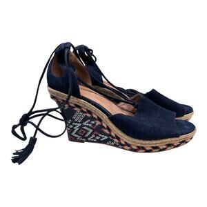 Cabi Isla Navy Suede Leather Wedge Espadrilles Women's Size 7.5